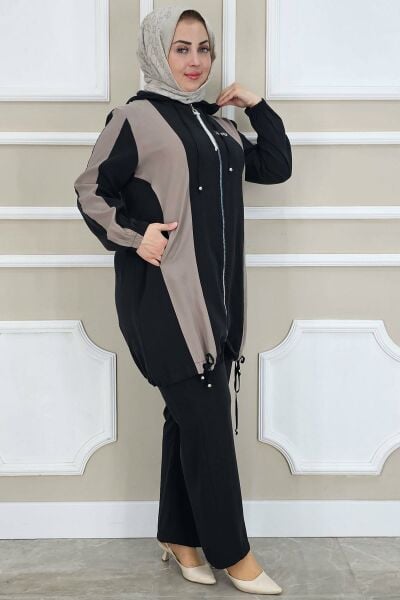 PYS KADIN DİKME DETAYLI KAPÜŞONLU TESETTÜR TAKIM SİYAH - 2 BEDEN
