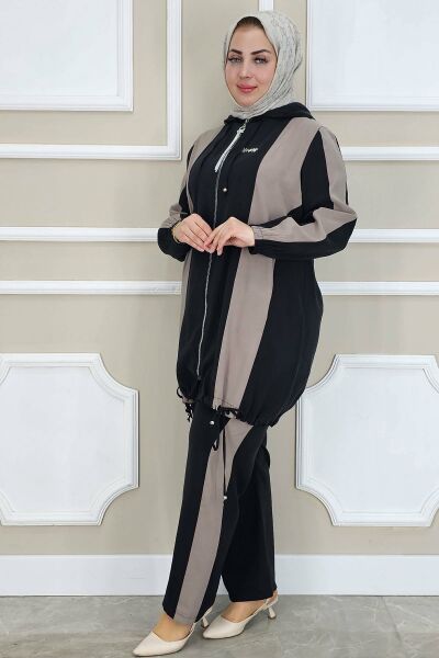 PYS KADIN DİKME DETAYLI KAPÜŞONLU TESETTÜR TAKIM SİYAH - 2 BEDEN