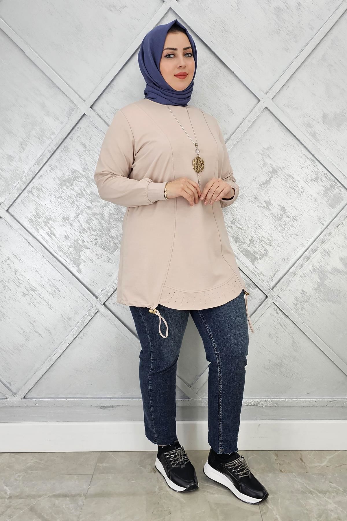 KADIN TAŞ VE KOLYE  DETAYLI TESETTÜR TUNİK BEJ - 3 BEDEN