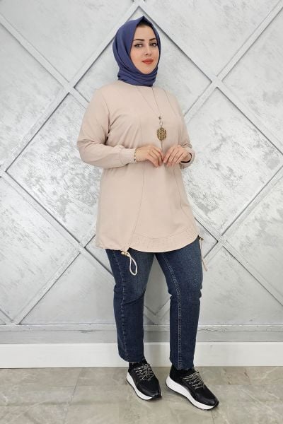KADIN TAŞ VE KOLYE  DETAYLI TESETTÜR TUNİK BEJ - 3 BEDEN