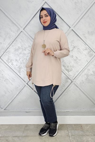 KADIN TAŞ VE KOLYE  DETAYLI TESETTÜR TUNİK BEJ - 3 BEDEN