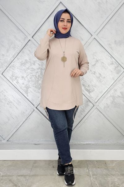 KADIN TAŞ VE KOLYE  DETAYLI TESETTÜR TUNİK BEJ - 3 BEDEN