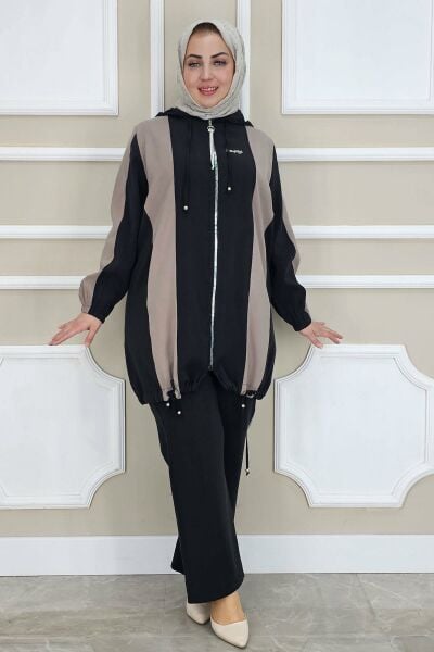 PYS KADIN DİKME DETAYLI KAPÜŞONLU TESETTÜR TAKIM SİYAH - 3 BEDEN