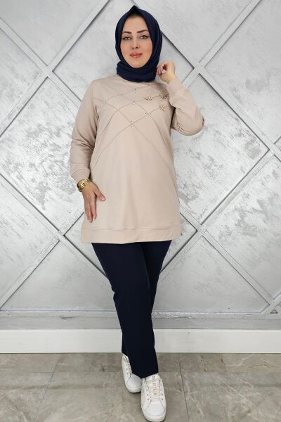 KADIN DİKME VE TAŞ DETAYLI TESETTÜR TUNİK BEJ - 2 BEDEN