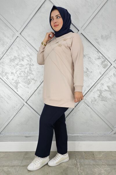 KADIN DİKME VE TAŞ DETAYLI TESETTÜR TUNİK BEJ - 2 BEDEN