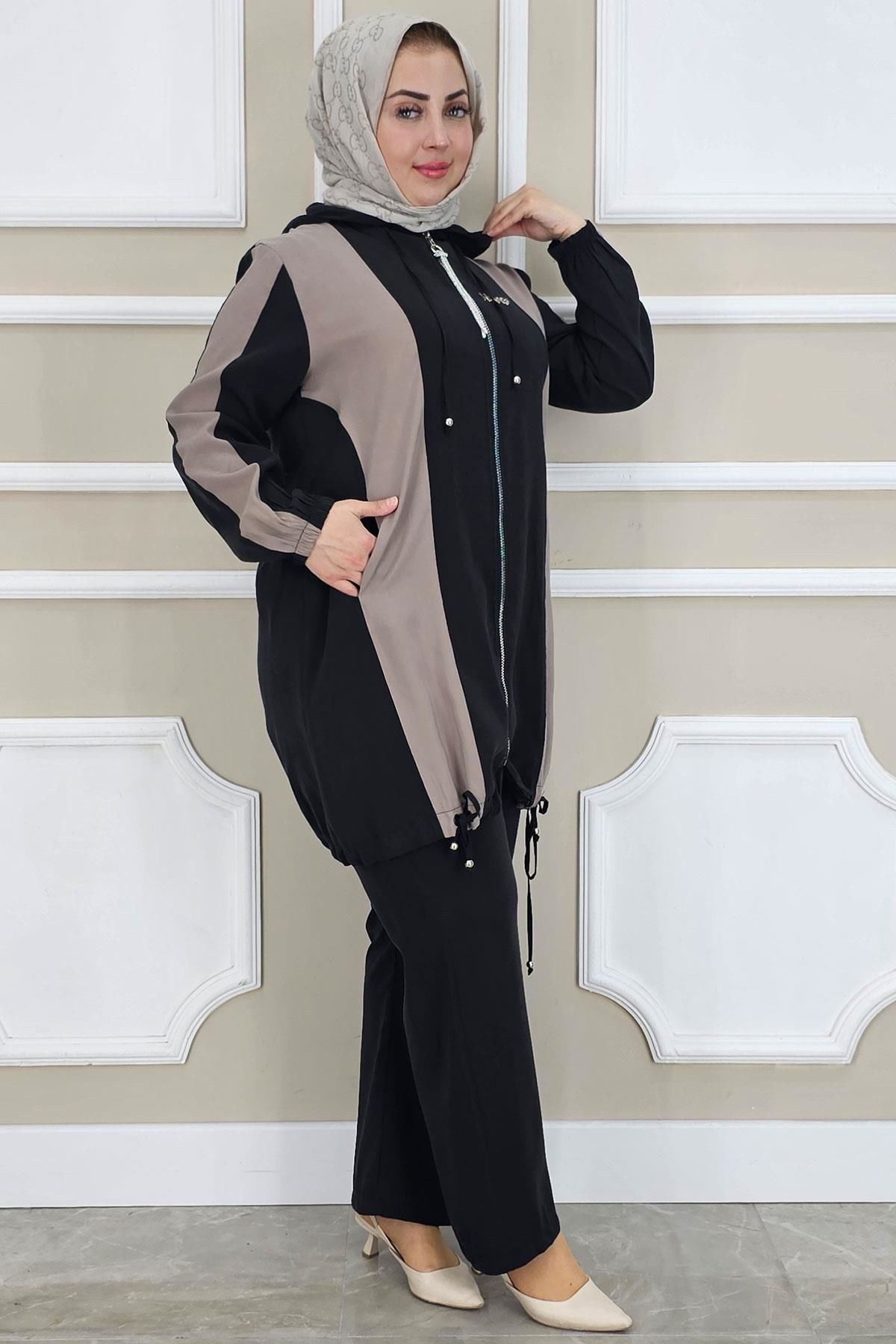 PYS KADIN DİKME DETAYLI KAPÜŞONLU TESETTÜR TAKIM SİYAH - 4 BEDEN