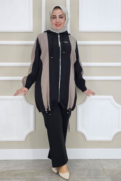 PYS KADIN DİKME DETAYLI KAPÜŞONLU TESETTÜR TAKIM SİYAH - 4 BEDEN