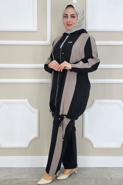 PYS KADIN DİKME DETAYLI KAPÜŞONLU TESETTÜR TAKIM SİYAH - 4 BEDEN