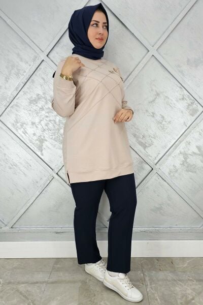 KADIN DİKME VE TAŞ DETAYLI TESETTÜR TUNİK BEJ - 5 BEDEN