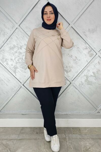 KADIN DİKME VE TAŞ DETAYLI TESETTÜR TUNİK BEJ - 5 BEDEN
