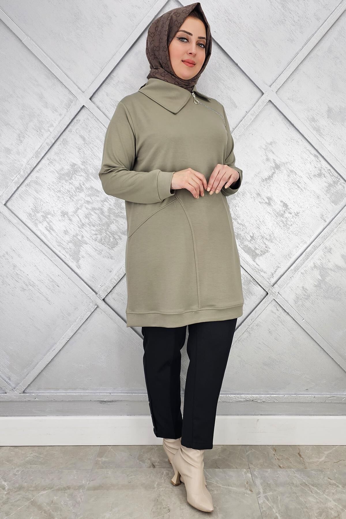 KADIN FERMUAR DETAYLI TESETTÜR TUNİK HAKİ - 5 BEDEN