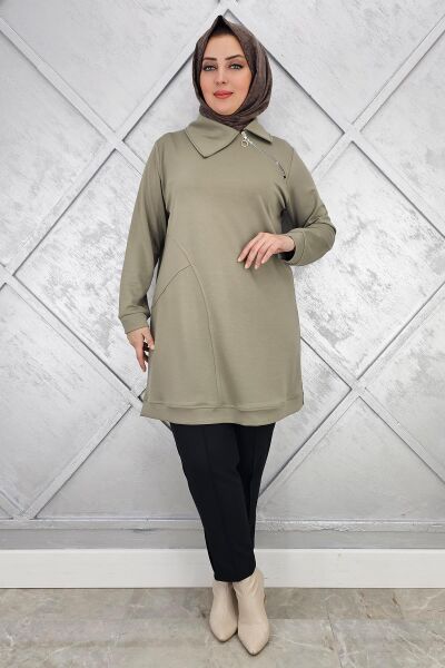 KADIN FERMUAR DETAYLI TESETTÜR TUNİK HAKİ - 5 BEDEN