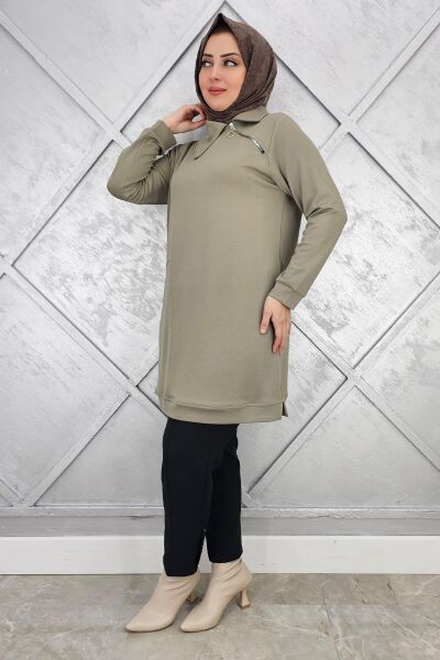 KADIN FERMUAR DETAYLI TESETTÜR TUNİK HAKİ - 5 BEDEN