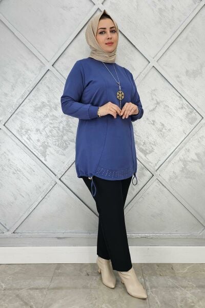 KADIN TAŞ VE KOLYE  DETAYLI TESETTÜR TUNİK İNDİGO - 5 BEDEN
