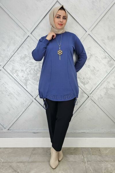 KADIN TAŞ VE KOLYE  DETAYLI TESETTÜR TUNİK İNDİGO - 5 BEDEN
