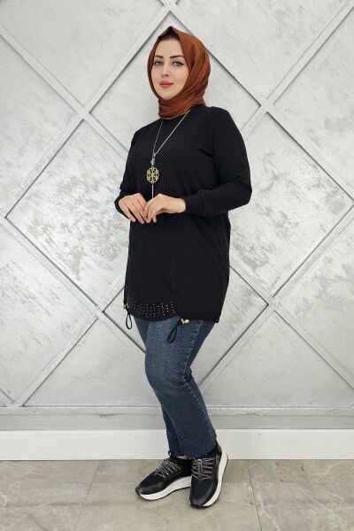 KADIN TAŞ VE KOLYE  DETAYLI TESETTÜR TUNİK SİYAH - 5 BEDEN