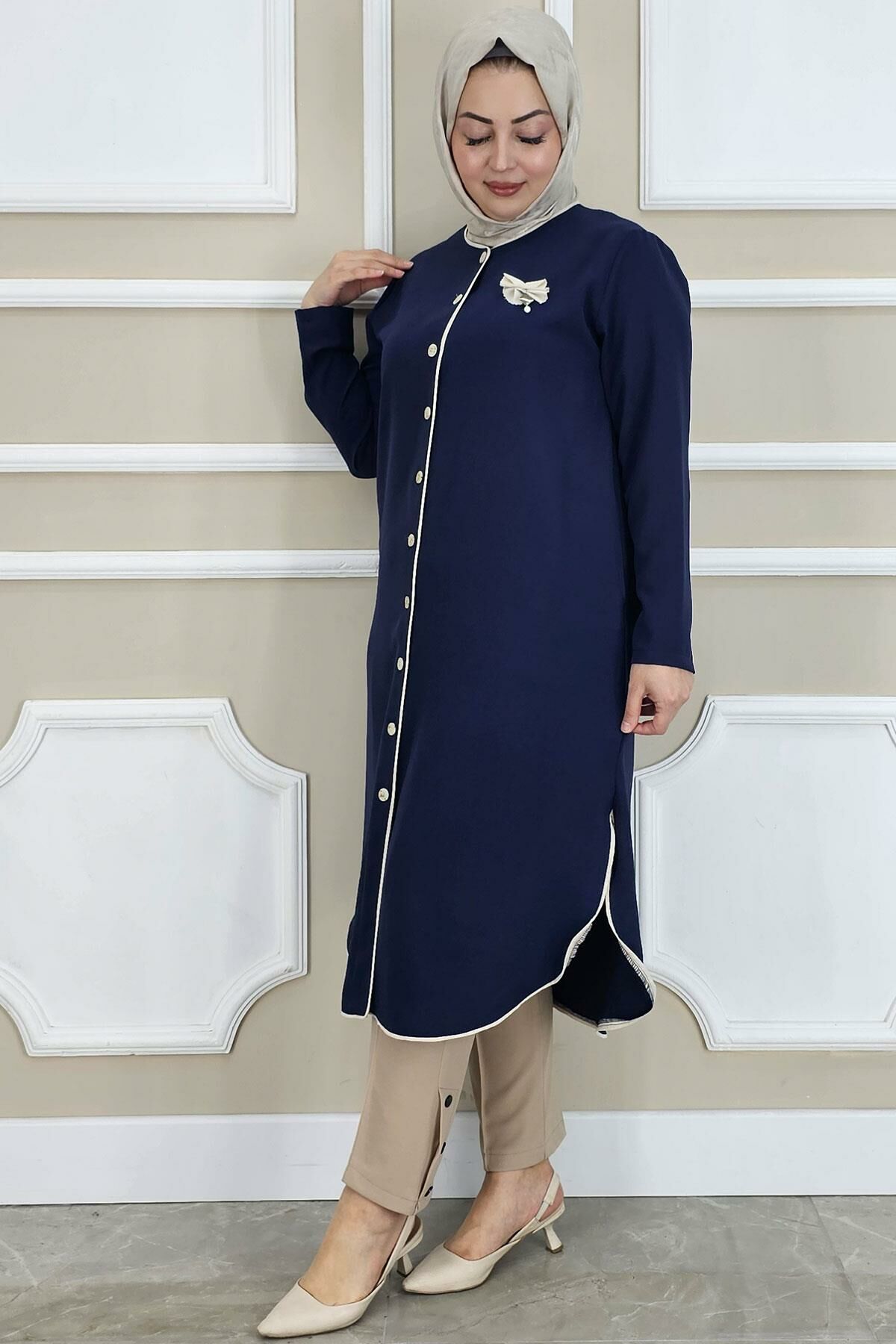 PYS KADIN BİYELİ BROŞ DETAYLI TESETTÜR KAP LACİVERT - 3 BEDEN