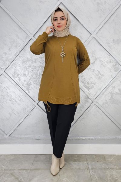 KADIN TAŞ VE KOLYE  DETAYLI TESETTÜR TUNİK YAĞ YEŞİLİ - 3 BEDEN