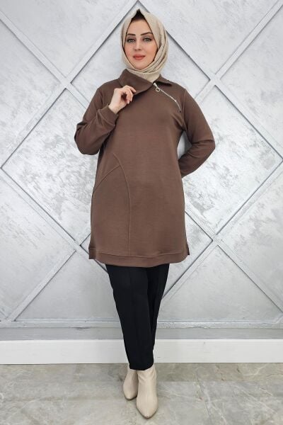 KADIN FERMUAR DETAYLI TESETTÜR TUNİK VİZON - 4 BEDEN