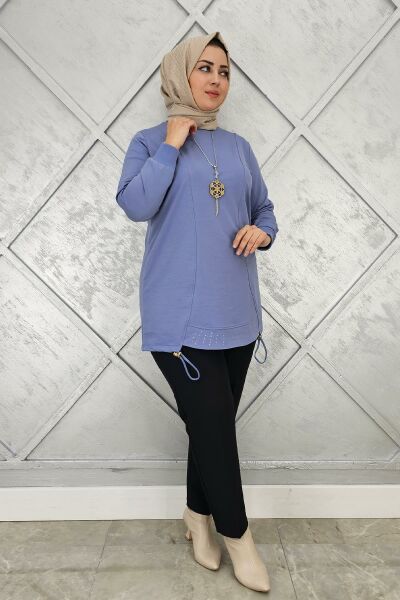 KADIN TAŞ VE KOLYE  DETAYLI TESETTÜR TUNİK MAVİ - 2 BEDEN