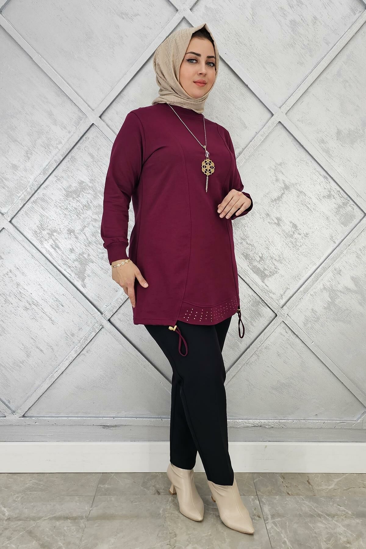 KADIN TAŞ VE KOLYE  DETAYLI TESETTÜR TUNİK BORDO - 4 BEDEN