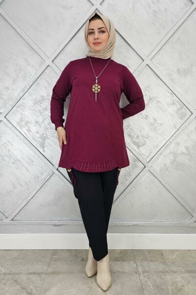 KADIN TAŞ VE KOLYE  DETAYLI TESETTÜR TUNİK BORDO - 4 BEDEN