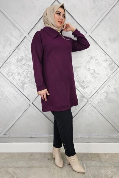KADIN FERMUAR DETAYLI TESETTÜR TUNİK MOR - 2 BEDEN