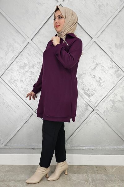 KADIN FERMUAR DETAYLI TESETTÜR TUNİK MOR - 2 BEDEN