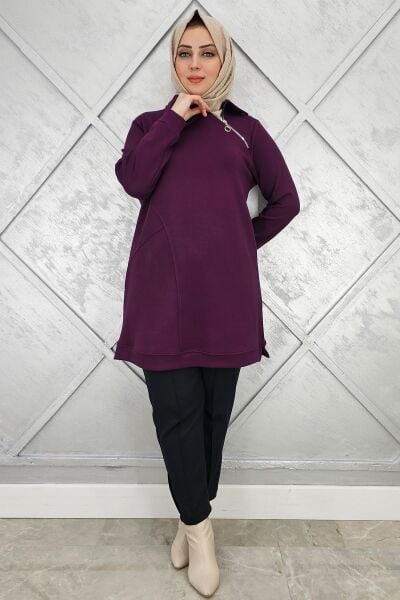 KADIN FERMUAR DETAYLI TESETTÜR TUNİK MOR - 2 BEDEN