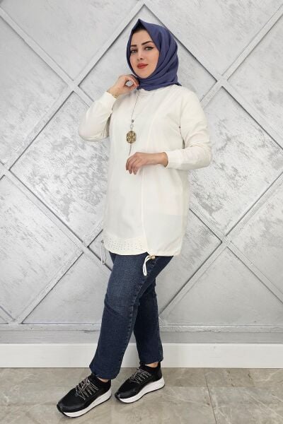 KADIN TAŞ VE KOLYE  DETAYLI TESETTÜR TUNİK EKRU - 5 BEDEN