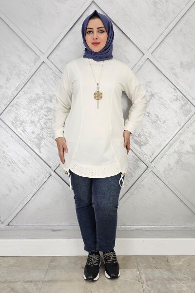 KADIN TAŞ VE KOLYE  DETAYLI TESETTÜR TUNİK EKRU - 5 BEDEN