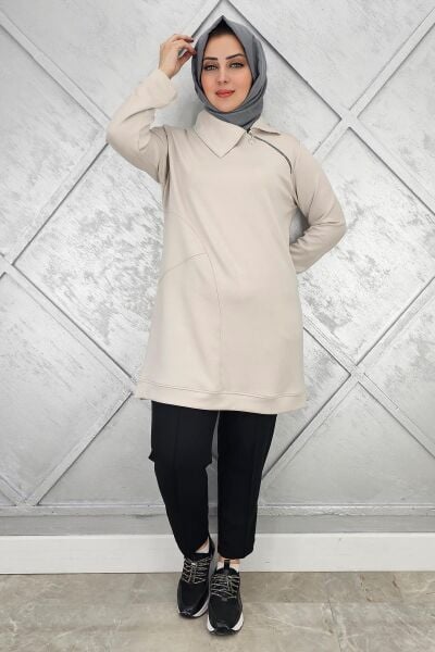 KADIN FERMUAR DETAYLI TESETTÜR TUNİK BEJ - 4 BEDEN