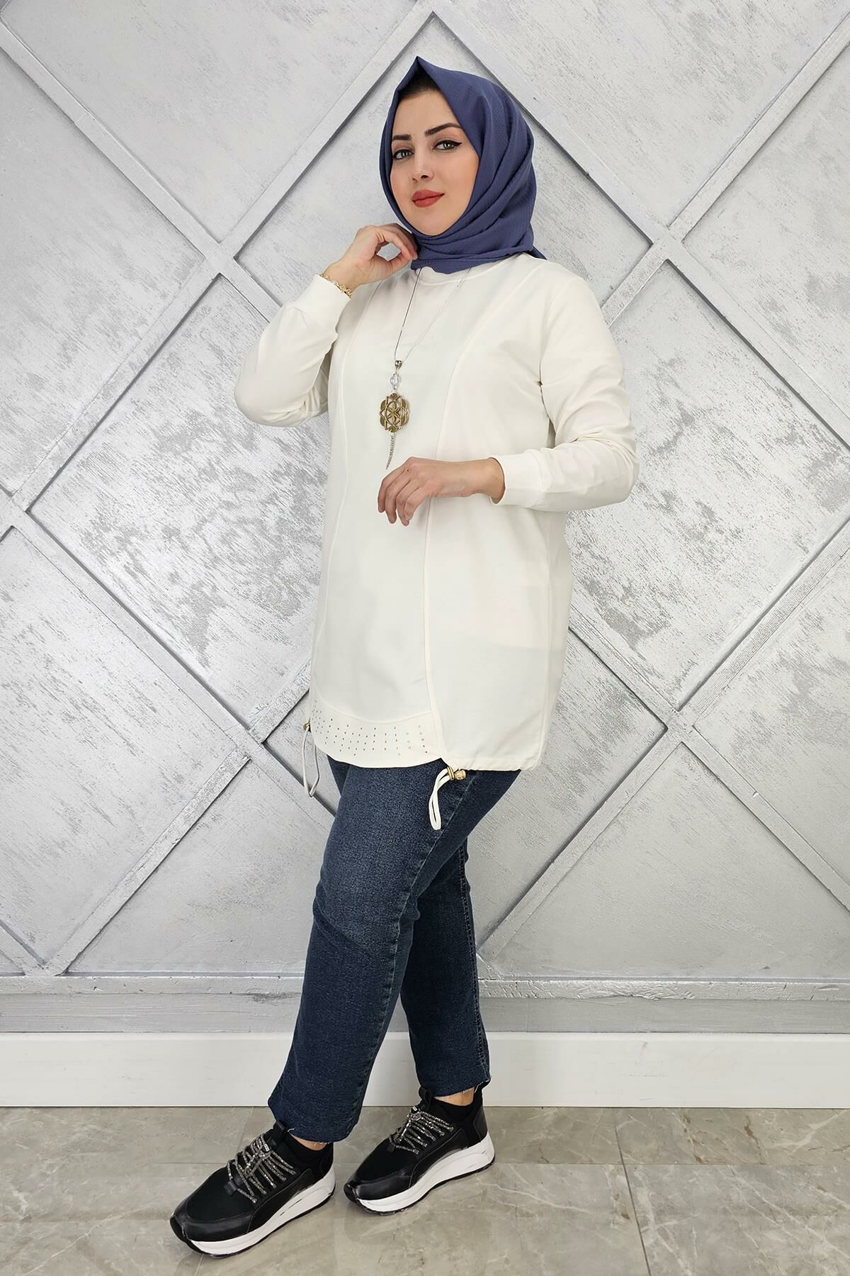 KADIN TAŞ VE KOLYE  DETAYLI TESETTÜR TUNİK EKRU - 4 BEDEN