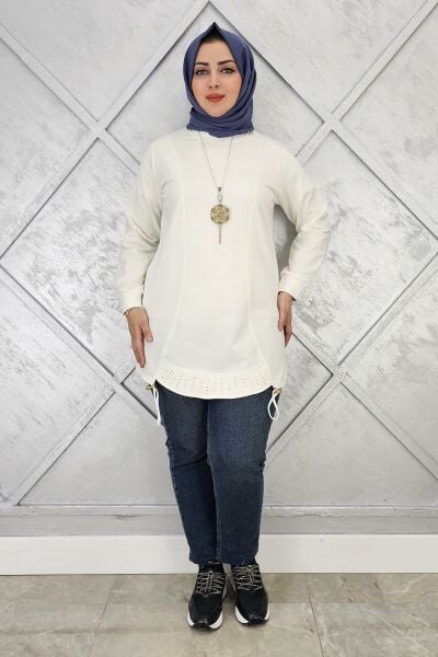 KADIN TAŞ VE KOLYE  DETAYLI TESETTÜR TUNİK EKRU - 4 BEDEN