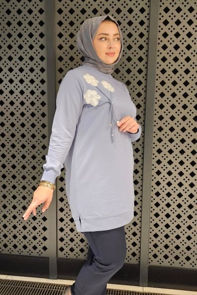 KADIN DİKME VE BAĞUCU DETAYLI TESETTÜR TUNİK MAVİ - 5 BEDEN