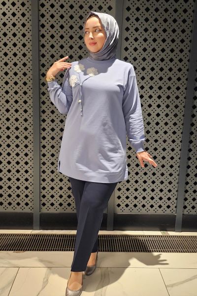 KADIN DİKME VE BAĞUCU DETAYLI TESETTÜR TUNİK MAVİ - 5 BEDEN