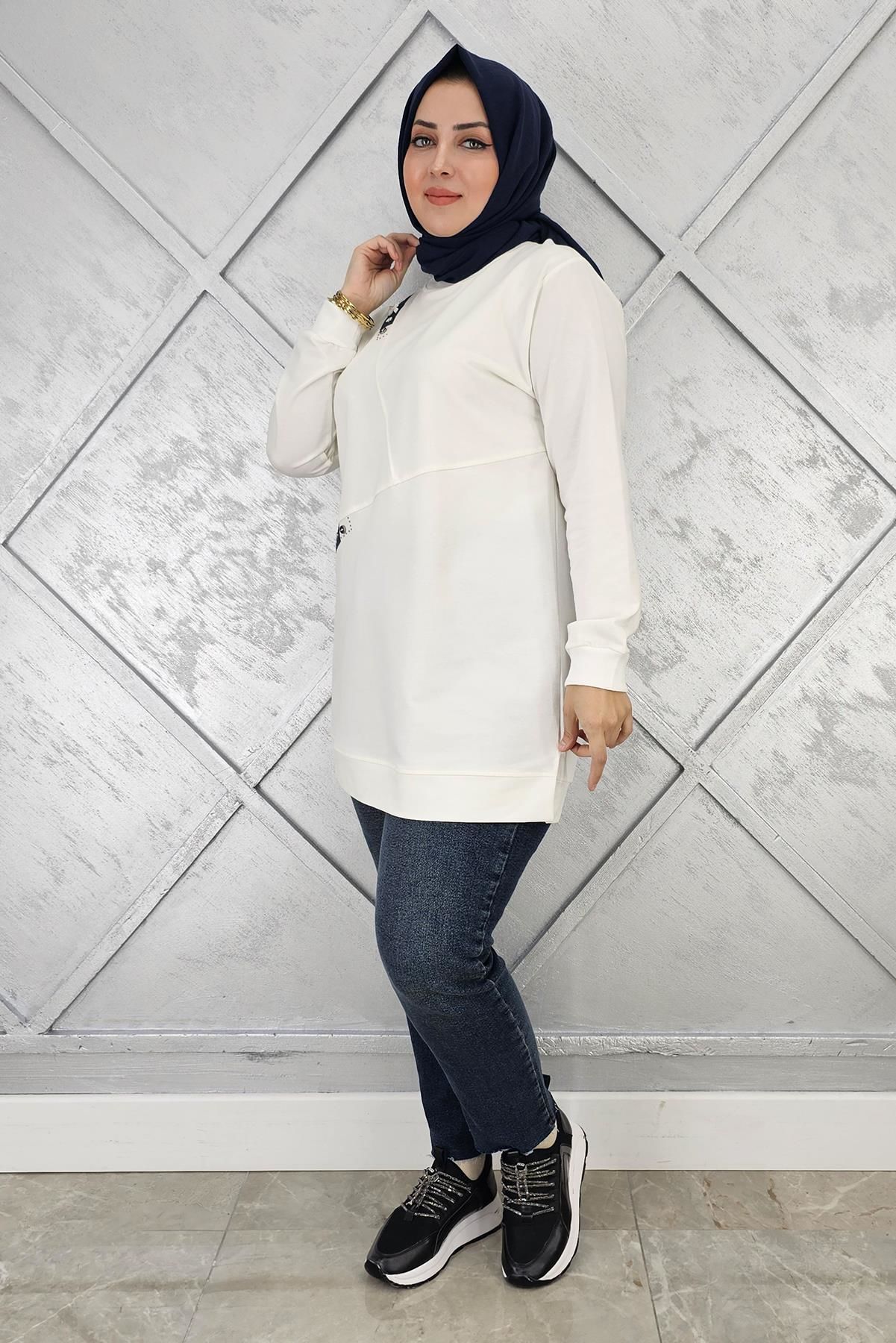 KADIN DÜĞME VE KOMBİN DETAYLI TESETTÜR TUNİK EKRU - 2XL