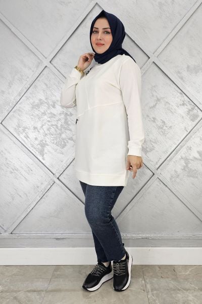 KADIN DÜĞME VE KOMBİN DETAYLI TESETTÜR TUNİK EKRU - 2XL