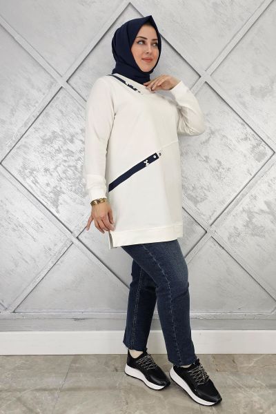 KADIN DÜĞME VE KOMBİN DETAYLI TESETTÜR TUNİK EKRU - 2XL