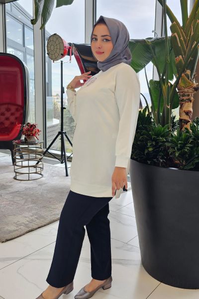 KADIN DİKME VE BAĞUCU DETAYLI TESETTÜR TUNİK EKRU - 5 BEDEN