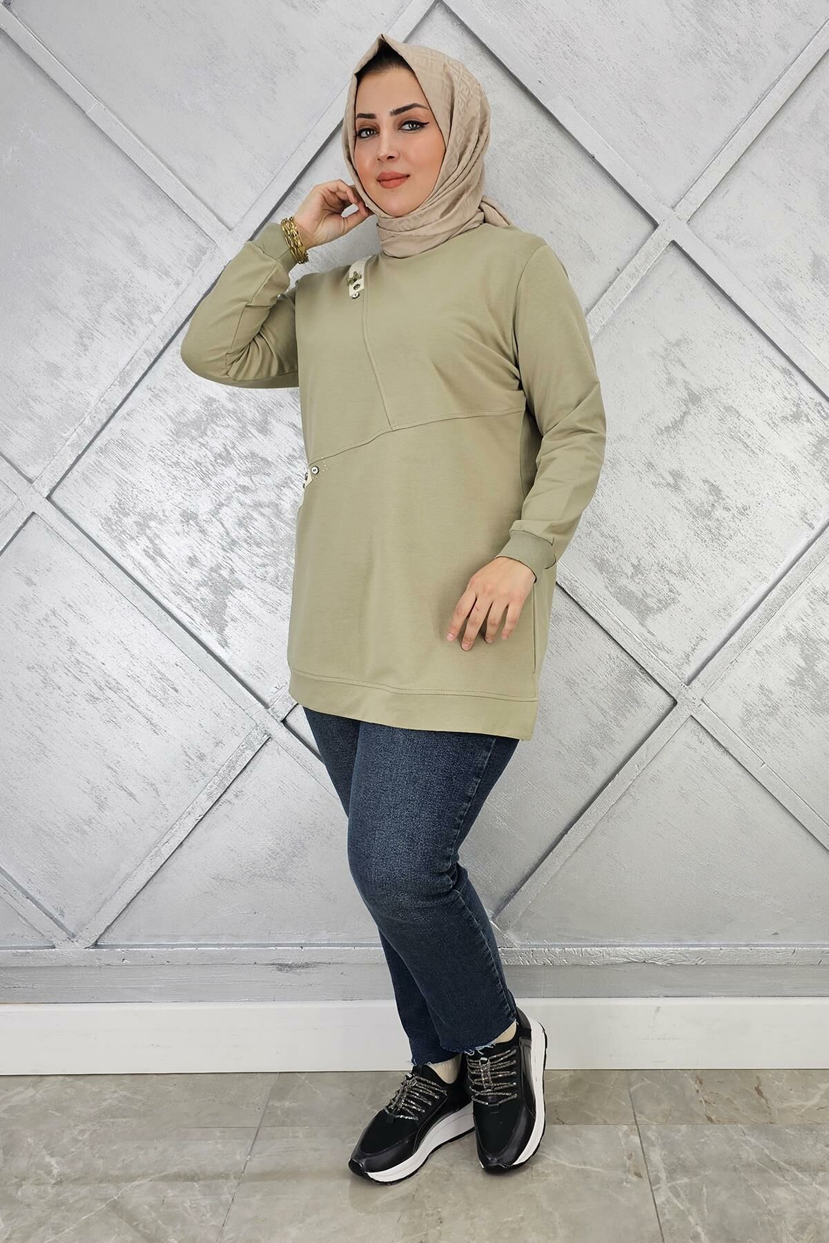 KADIN DÜĞME VE KOMBİN DETAYLI TESETTÜR TUNİK MİNT YEŞİLİ - 3XL