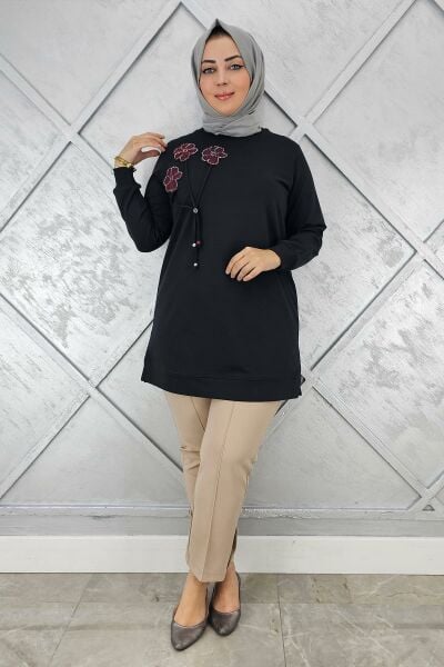 KADIN DİKME VE BAĞUCU DETAYLI TESETTÜR TUNİK SİYAH - 2 BEDEN
