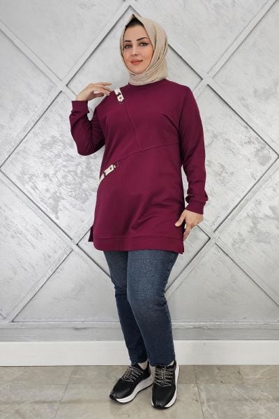 KADIN DÜĞME VE KOMBİN DETAYLI TESETTÜR TUNİK BORDO - L