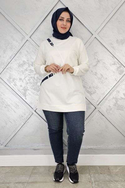 KADIN DÜĞME VE KOMBİN DETAYLI TESETTÜR TUNİK EKRU - 3XL
