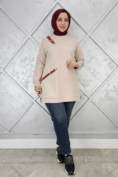 KADIN DÜĞME VE KOMBİN DETAYLI TESETTÜR TUNİK BEJ - 2XL