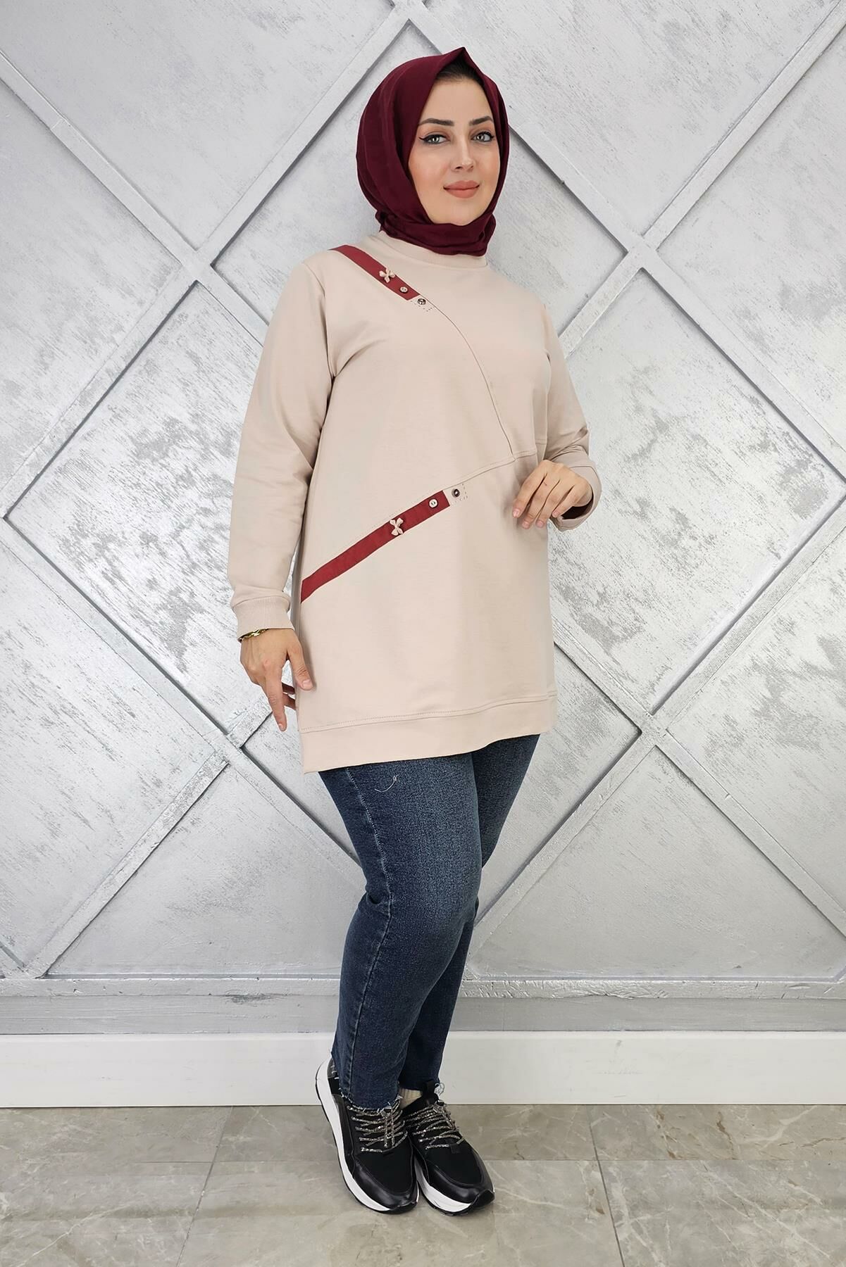 KADIN DÜĞME VE KOMBİN DETAYLI TESETTÜR TUNİK BEJ - XL