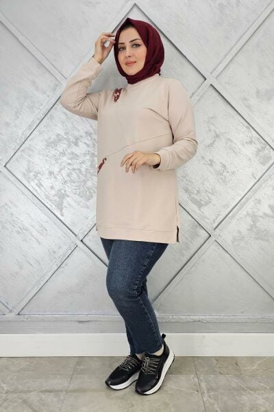 KADIN DÜĞME VE KOMBİN DETAYLI TESETTÜR TUNİK BEJ - XL