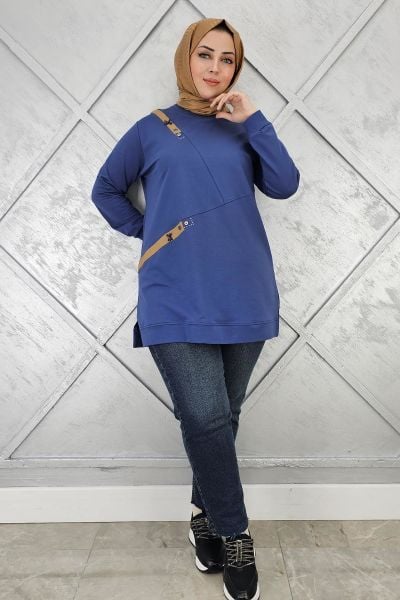 KADIN DÜĞME VE KOMBİN DETAYLI TESETTÜR TUNİK İNDİGO - XL