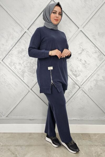 KADIN FERMUAR DETAYLI TESETTÜR TAKIM LACİVERT - 4 BEDEN