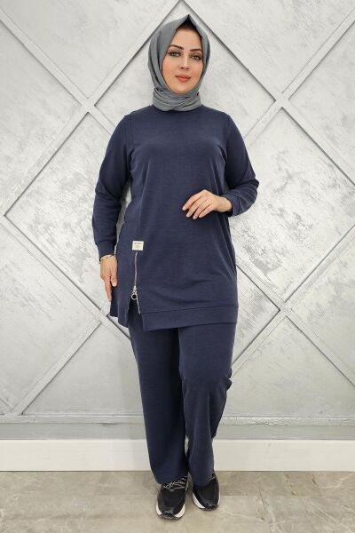 KADIN FERMUAR DETAYLI TESETTÜR TAKIM LACİVERT - 4 BEDEN